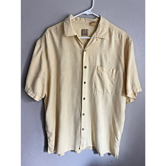 Jos. A. Bank Mens Hawaiian Shirt Yellow Palm Tree Short Sleeve 100% Silk L - Picture 1 of 10